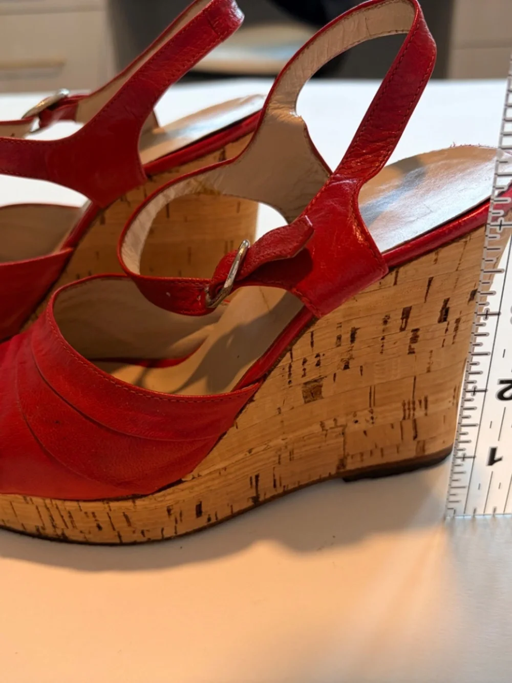 Red Leather Cork Wedge Sandals Ankle Strap Peep Toe European Style Size 5